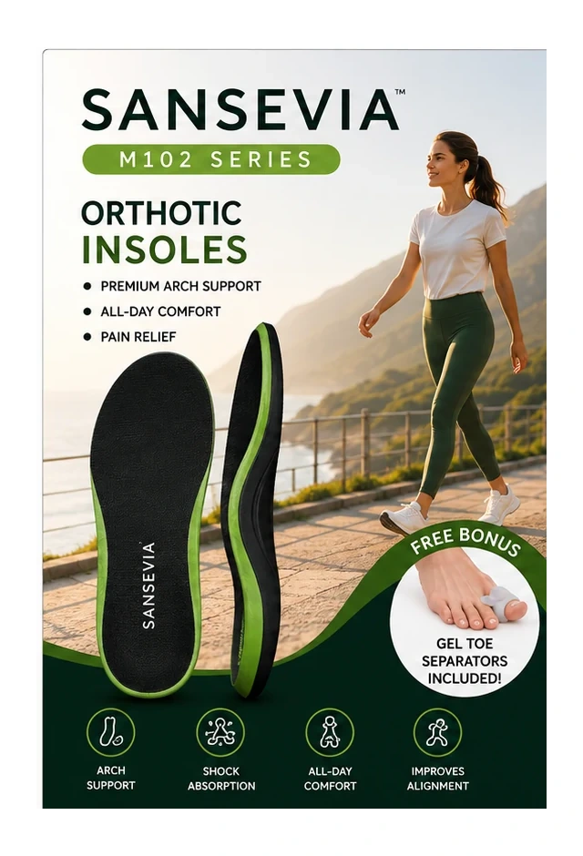Front of the SANSEVIA M102 orthotic insole box